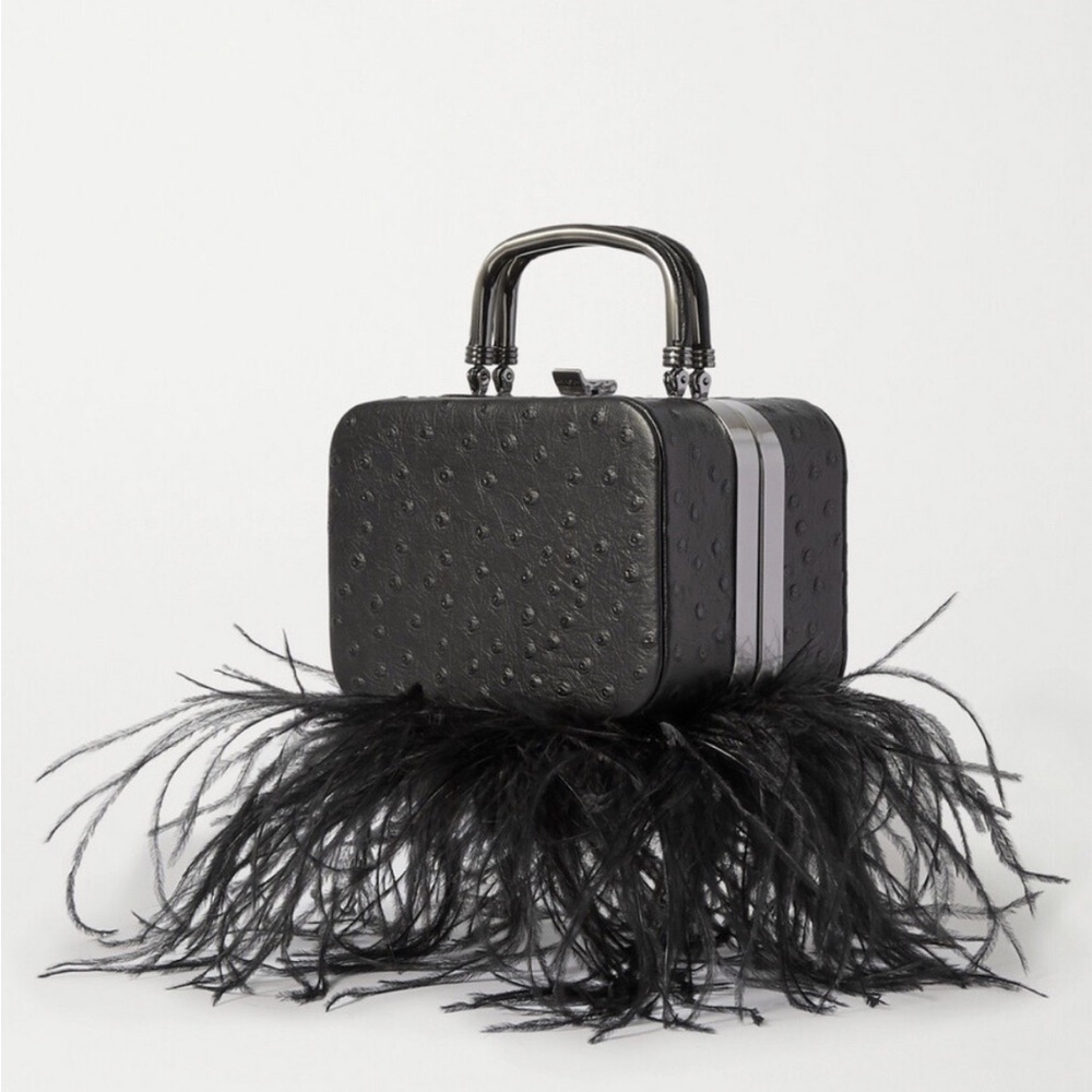 16ARLINGTON Ralphie feather-trimmed ostrich-effect leather tote